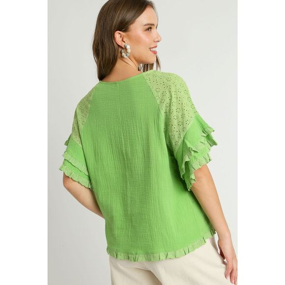 Umgee Cotton Gauze Round Neck Ruffle Eyelet Layered Sleeves Flowy Blouse | Lime - Picture 3 of 6
